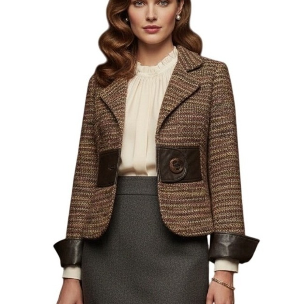 Louis Verdad Tweed Blazer Brown Leather Trim Career Business Chic Old Money M - Picture 2 of 10